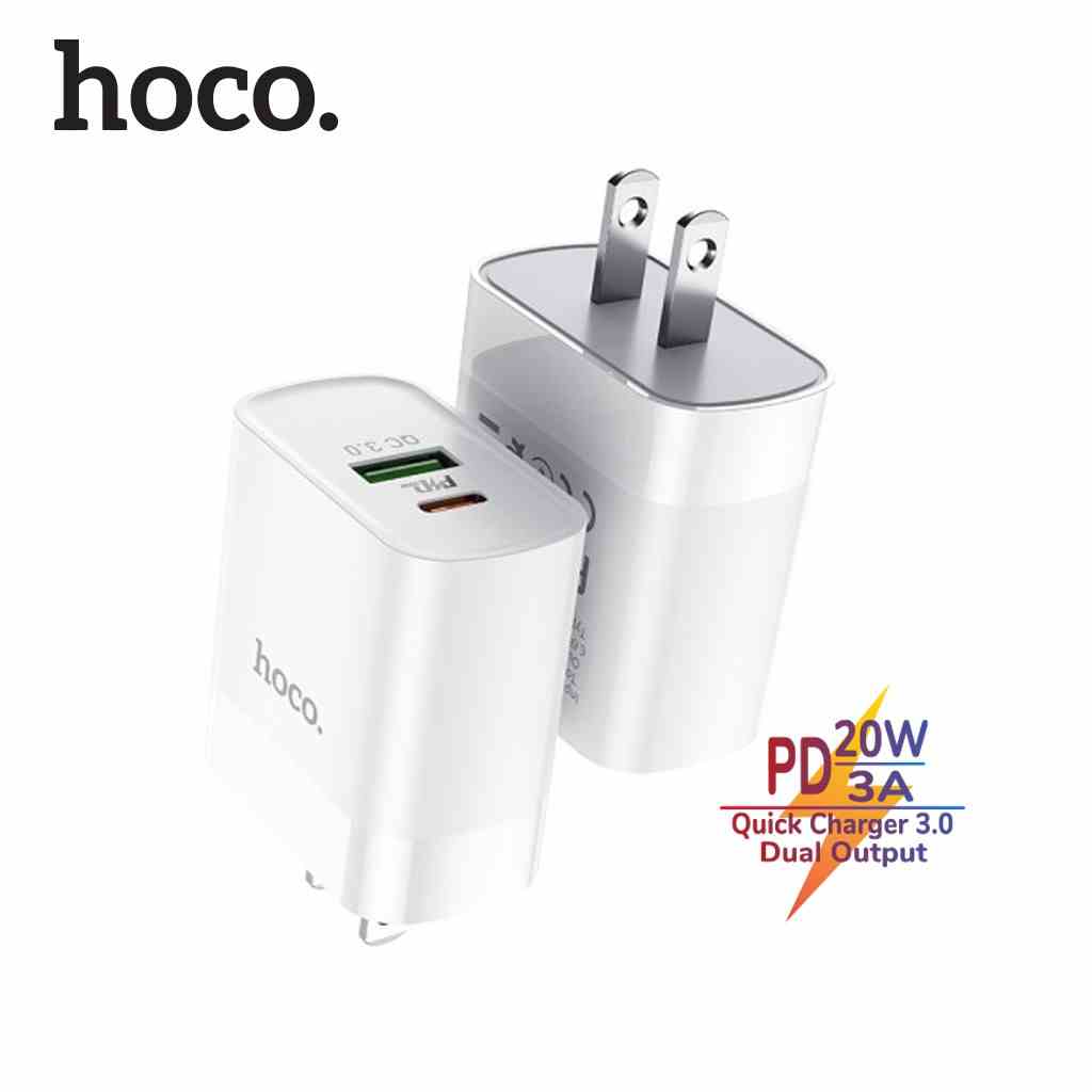 Củ sạc nhanh Hoco C80 plus tích hợp 2 cổng sạc USB và Type-C hỗ trợ sạc nhanh QC3.0 và PD 20W cho tốc độ sạc thiết bị