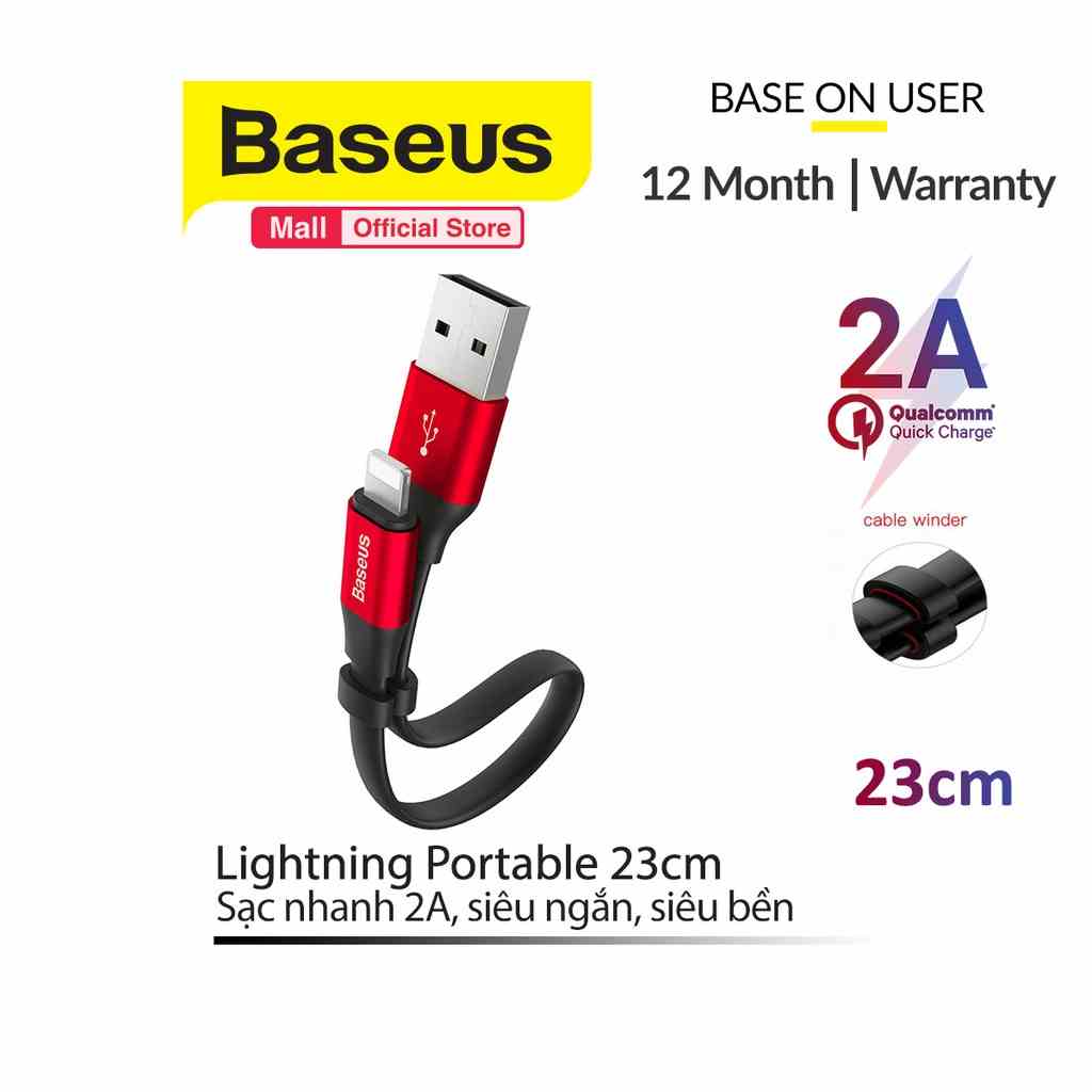 Cáp sạc Baseus Lightning Portable 23cm (2A, Sạc nhanh, Siêu ngắn, Siêu bền)