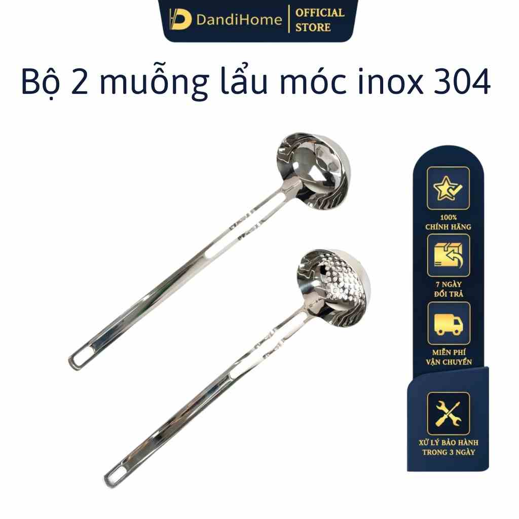 Bộ 2 muỗng lẩu inox 304 DandiHome 2020 có móc treo thông minh, tiện lợi, cao cấp