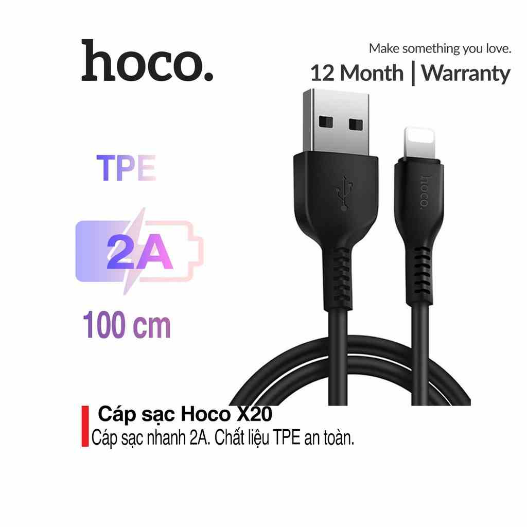 Cáp sạc nhanh 2A truyền dữ liệu Hoco X20 dây TPE chắc chắn dài 1M/2M/3M cho ip/tablet táo