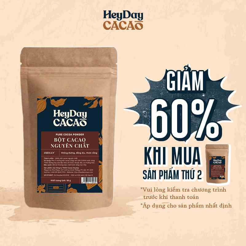 Túi 50g Bột cacao nguyên chất 100% không đường Heyday - Dòng Origin thượng hạng - Chuẩn UTZ Quốc Tế