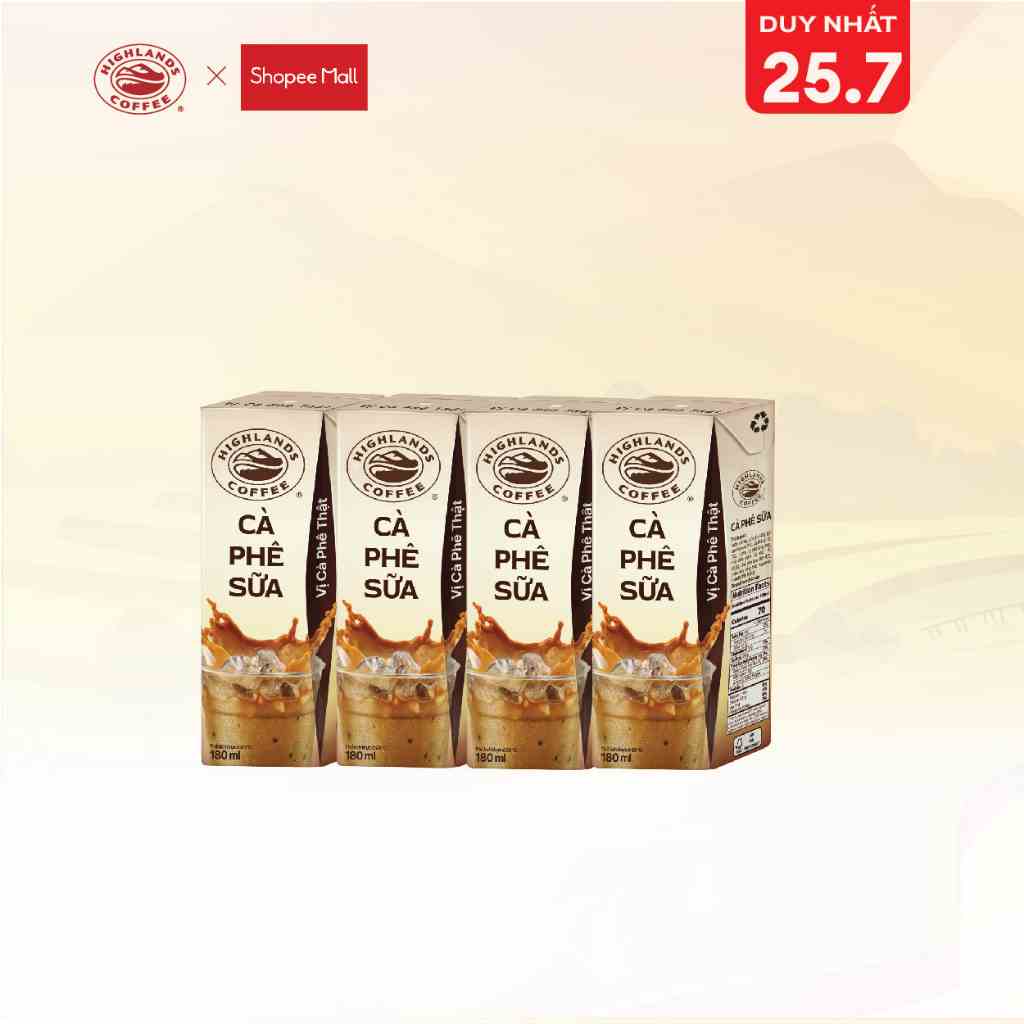 Lốc 4 hộp Cà phê Sữa Highlands Coffee Tetra 180ml/hộp