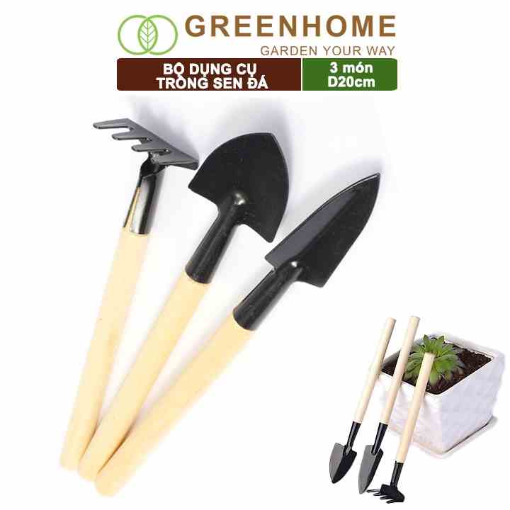 Dụng cụ làm vườn mini, Greenhome, 3 món, tiện lợi, chuyên dụng trồng sen đá, cán gỗ