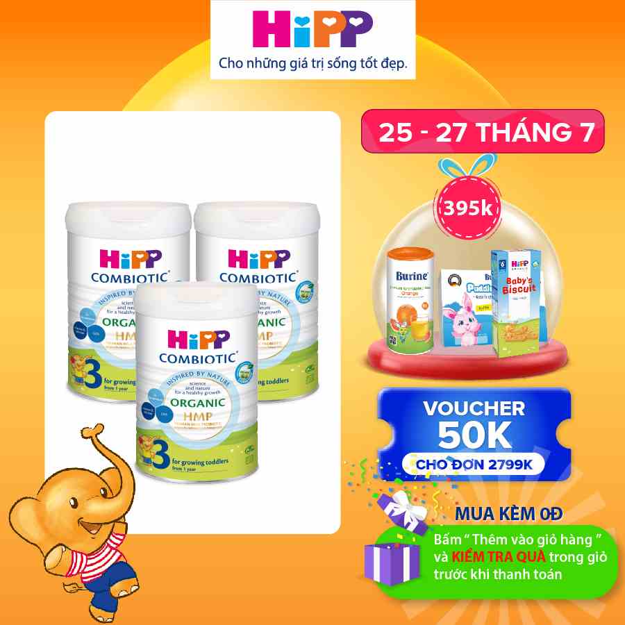 Combo 3 lon Sữa bột công thức HiPP 3 Organic Combiotic 800g hỗ trợ tiêu hóa và tăng chiều cao (3 lon x 800g)