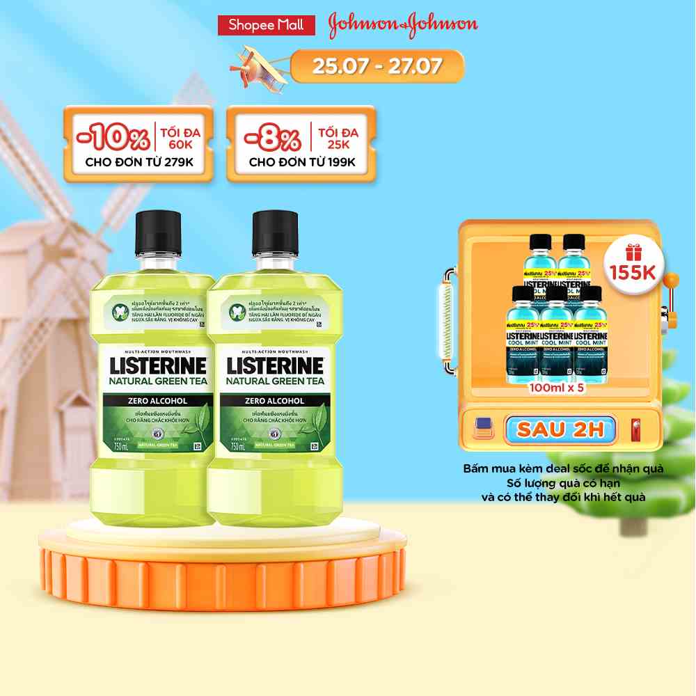 [TẶNG FULLSIZE] Bộ 2 Nước Súc Miệng Ngừa Sâu Răng Listerine Natural Green Tea 750ml x2 chai - 540017765