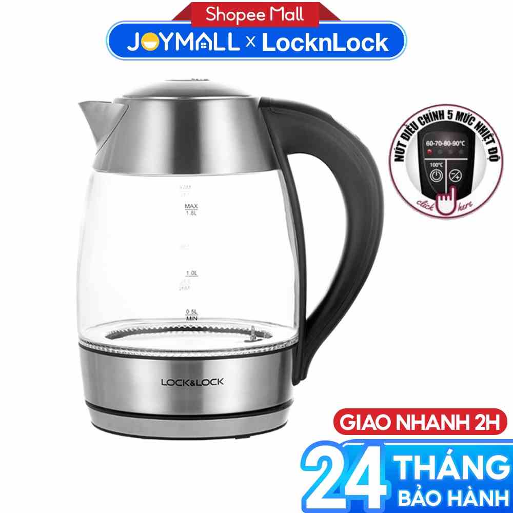 Ấm đun siêu tốc Lock&Lock thủy tinh EJK341 1.8L - Hàng chính hãng có điều chỉnh nhiệt độ sôi, đèn đổi màu - JoyMall