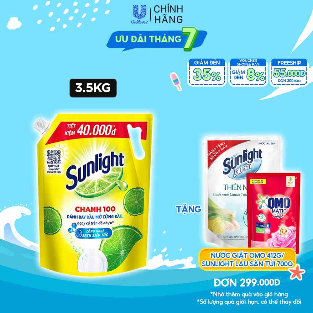 Nước rửa chén Sunlight chanh 100 mới đánh bay dầu mỡ cứng đầu túi 2.6kg/3.5kg