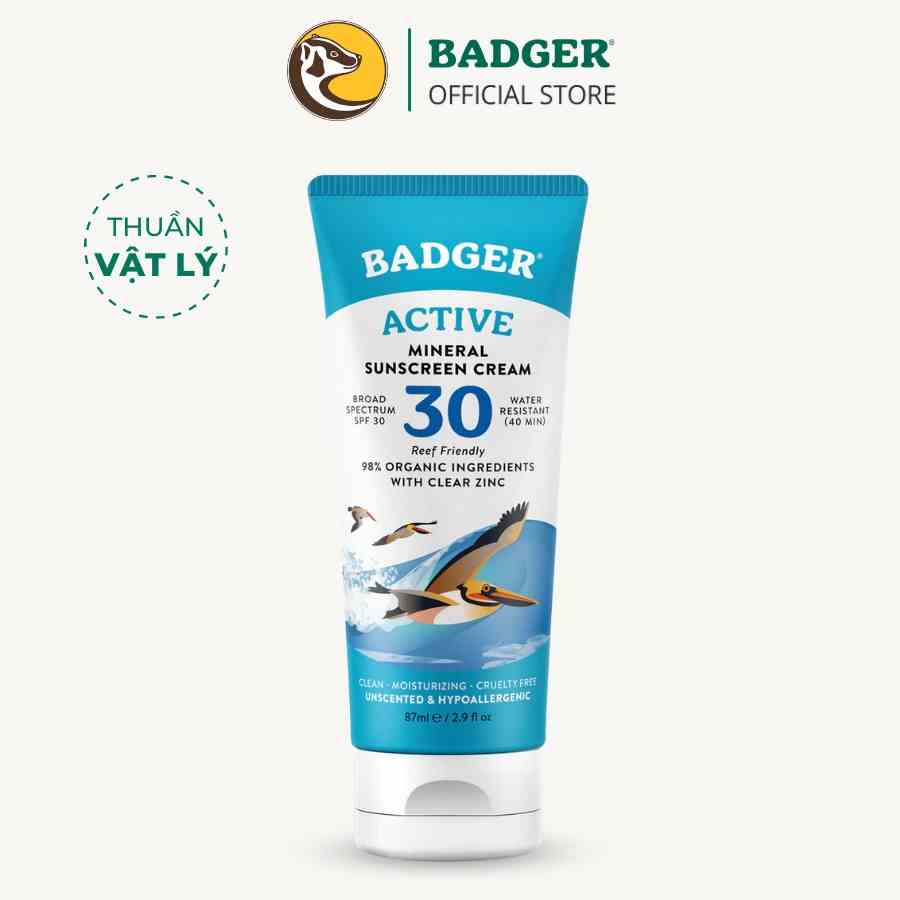 Kem chống nắng vật lý BADGER SPF 30 Active Sunscreen chống nắng phổ rộng hàng ngày an toàn cho mẹ bầu, da nhạy cảm 87ml