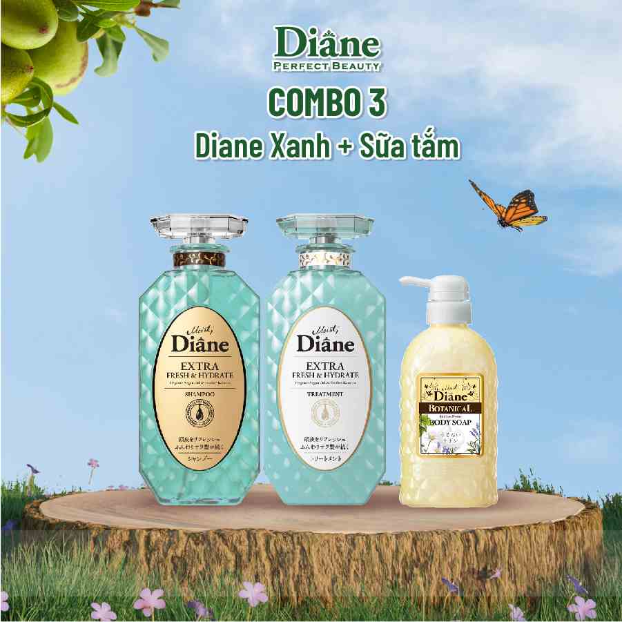 Combo gội xả kiềm dầu Moist Diane Extra Fresh & Hydrate 450mlx2 + sữa tắm Diane