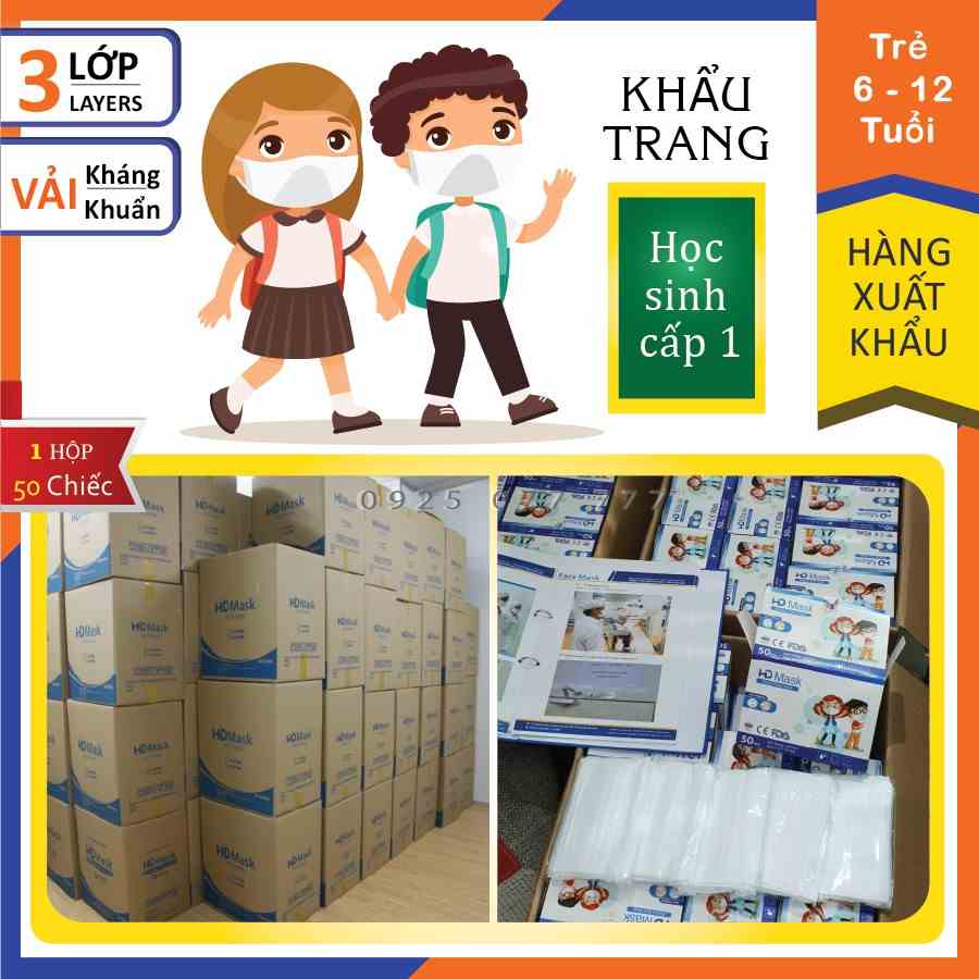 [Cho bé 6-12 tuổi] Khẩu trang y tế giấy kháng khuẩn 3 lớp cho bé học tiểu học HD Mask Kids xuất Nhật Bản, Hàn Quốc