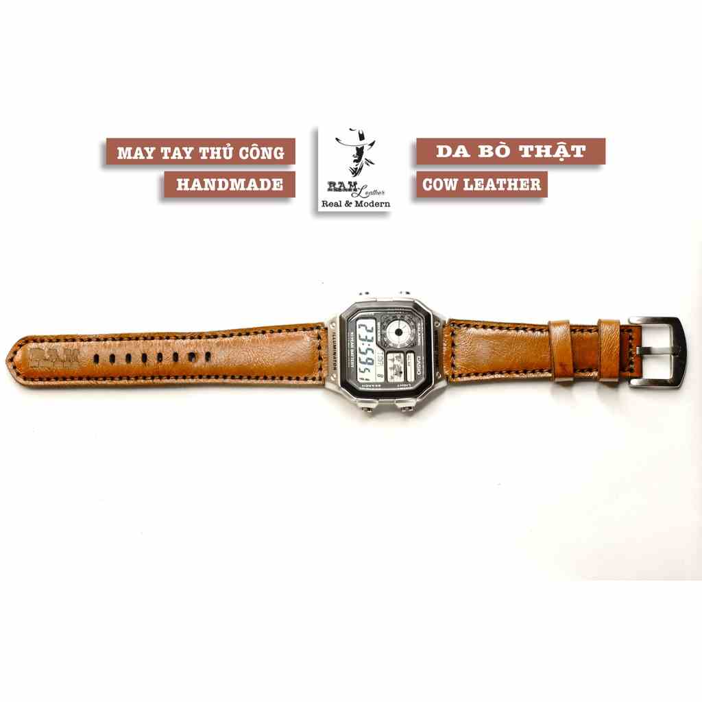 Dây Đồng Hồ Da Thật RAM Leather 1980 Cho Casio AE 1200 WHD và đồng hồ dây 18mm Da Bò Nâu Sáng  Bền Đẹp