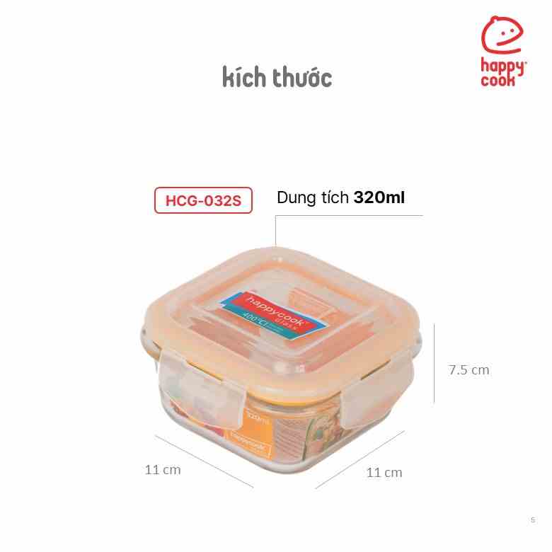 Hộp thủy tinh hình vuông 320ml Happy Cook HCG-032S