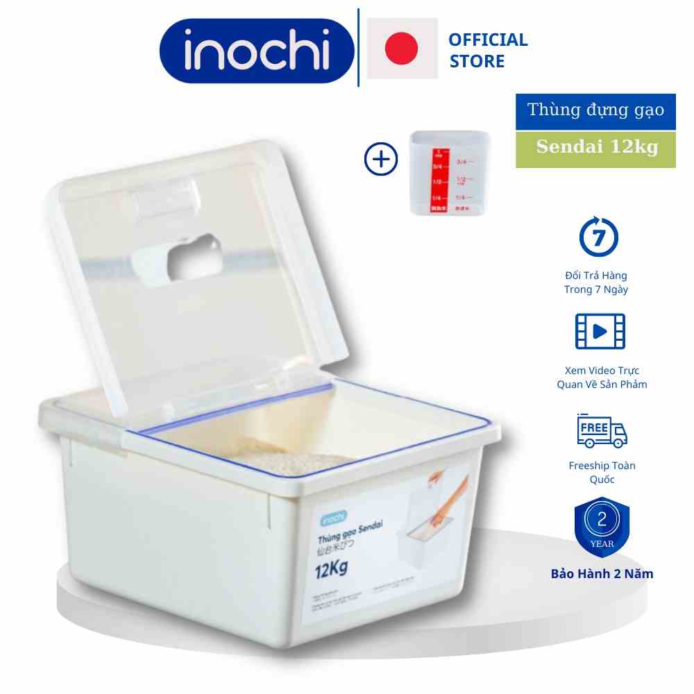 Thùng đựng gạo inochi Sendai 12 KG CAO CẤP Nắp Nhựa Kháng Khuẩn Chống Ẩm cao cấp tiêu chuẩn nhật