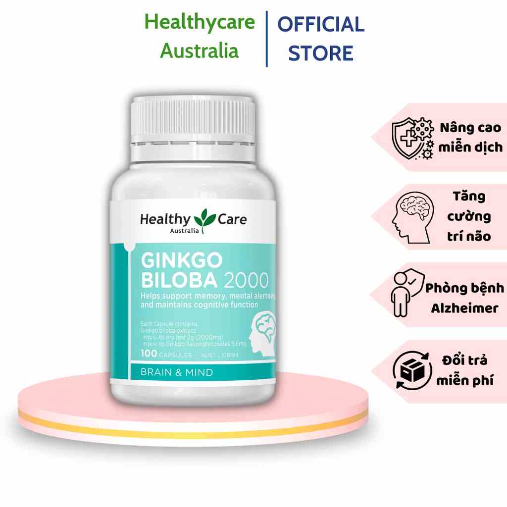 Viên uống bổ não Healthy Care Ginkgo Biloba tăng cường trí nhớ, giảm đau đầu, lưu thông máu não - 100 viên