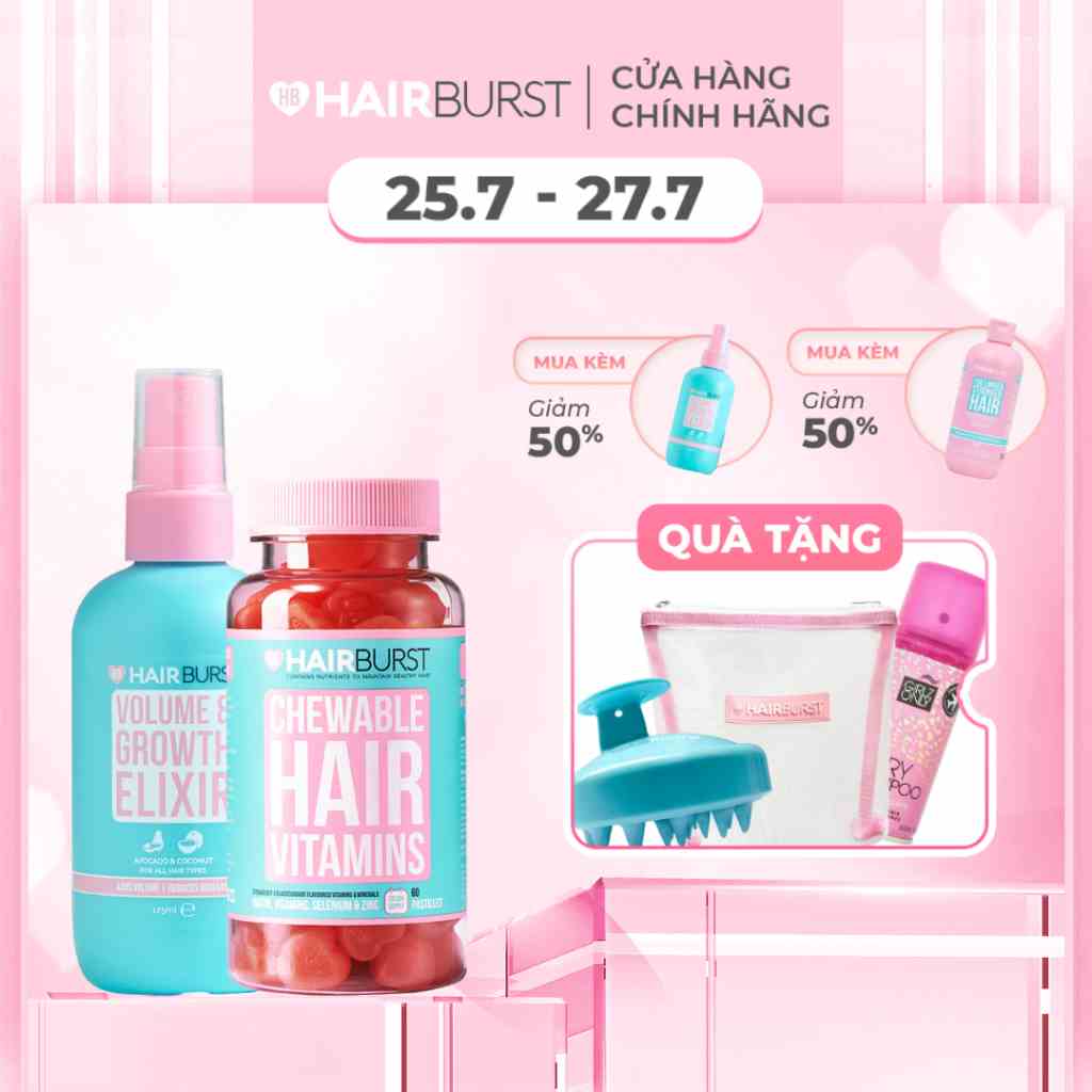 Combo Kẹo Dẻo + Xịt Dưỡng Làm Phồng, Kích Thích Mọc Tóc HAIRBURST 125ml + 60 Viên