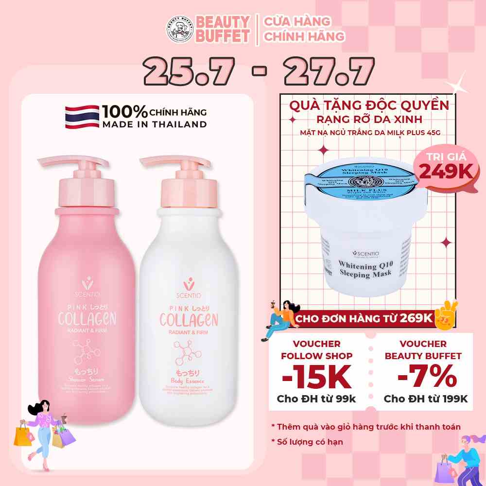 Combo Tinh chất và Sữa tắm dưỡng trắng và sáng mịn da Scentio Pink Collagen 350ml/chai