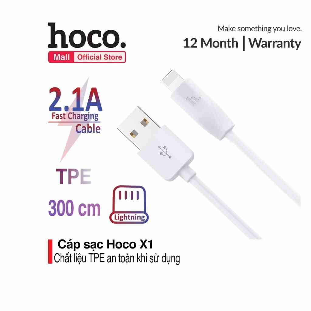 Cáp sạc Lightning Hoco X1 cho iPhone/iPad dài 1M/2m/3m dây chống gập siêu bền