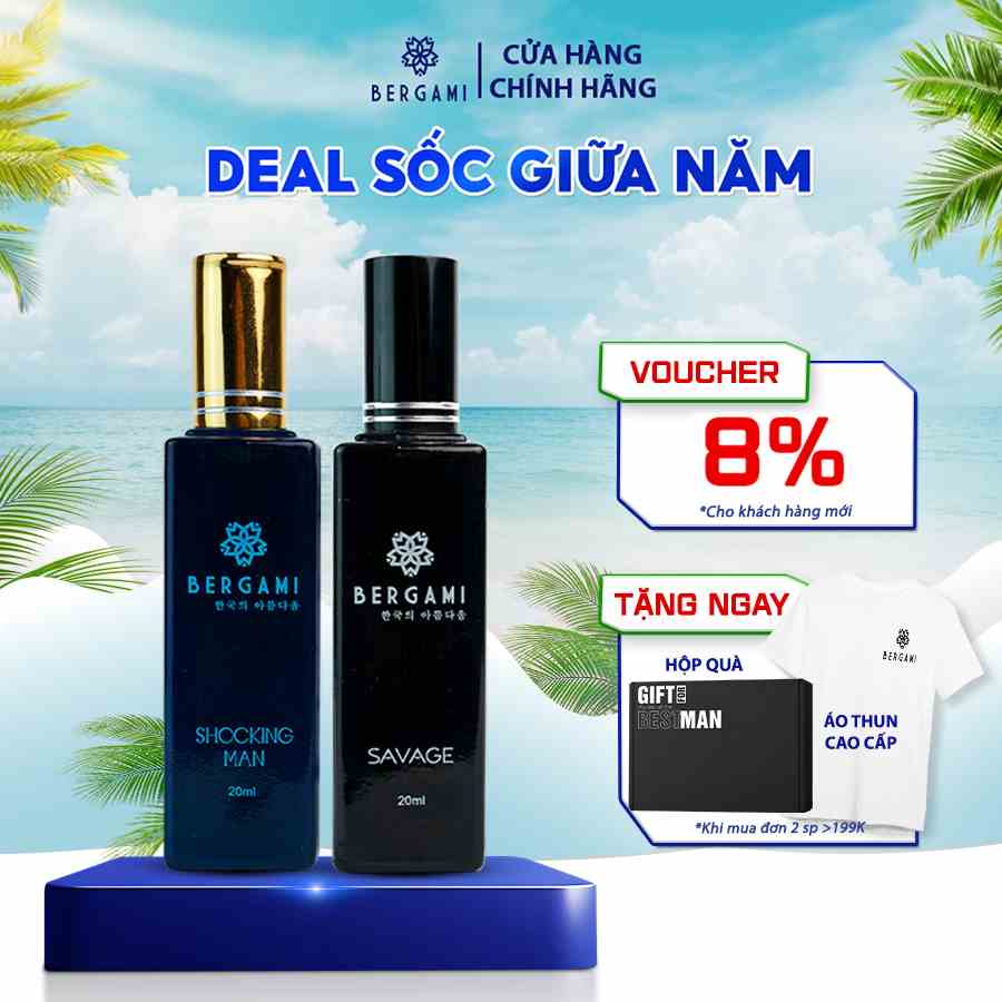 Combo Nước Hoa Nam Thơm Lâu Bergami Savage và Shocking Man, Nước Hoa Chính Hãng Mùi Hương Nam Tính, Lưu Hương 6H 35ml