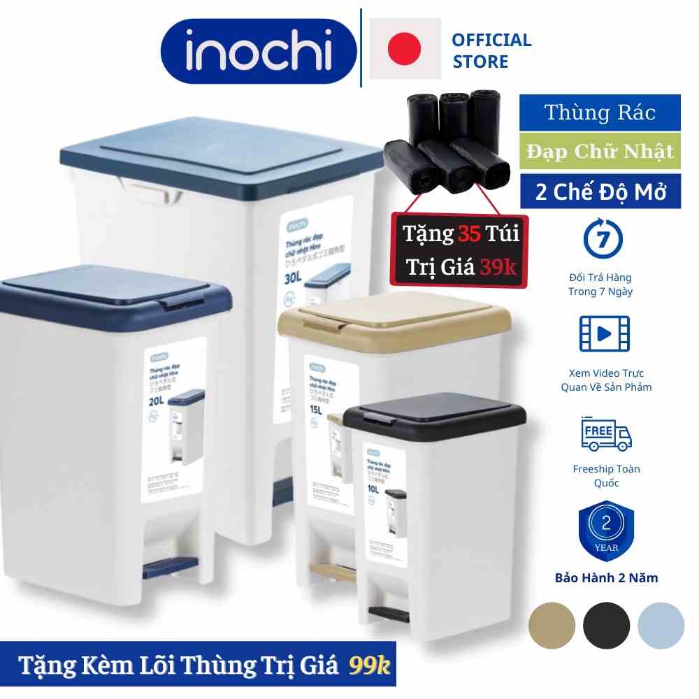 Thùng rác inochi Nhựa Đạp Chân Nắp Đậy Chữ Nhật inochi 10 15 20 30 Lít