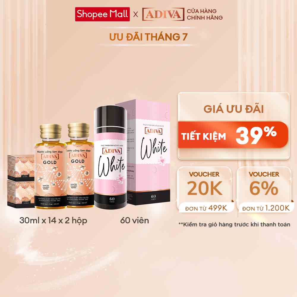 Combo 2 Hộp Nước Uống Làm Đẹp Collagen ADIVA Gold (14 Chai/Hộp) + 1 Hộp Viên Uống Trắng Da ADIVA White 60 Viên