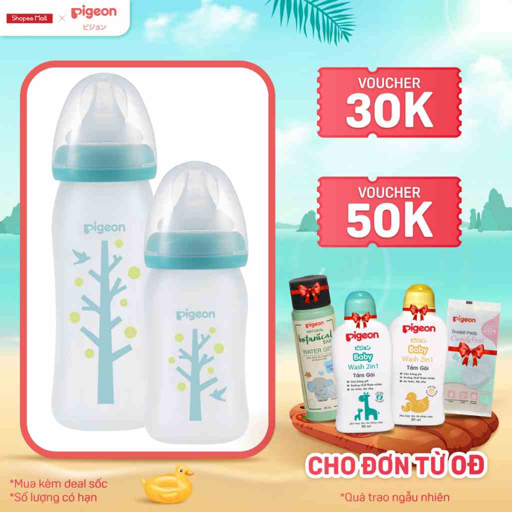 Bình Sữa Thủy Tinh Silicon Pigeon 240ml - Cây xanh (M) - Dành Cho Bé 3 Tháng +