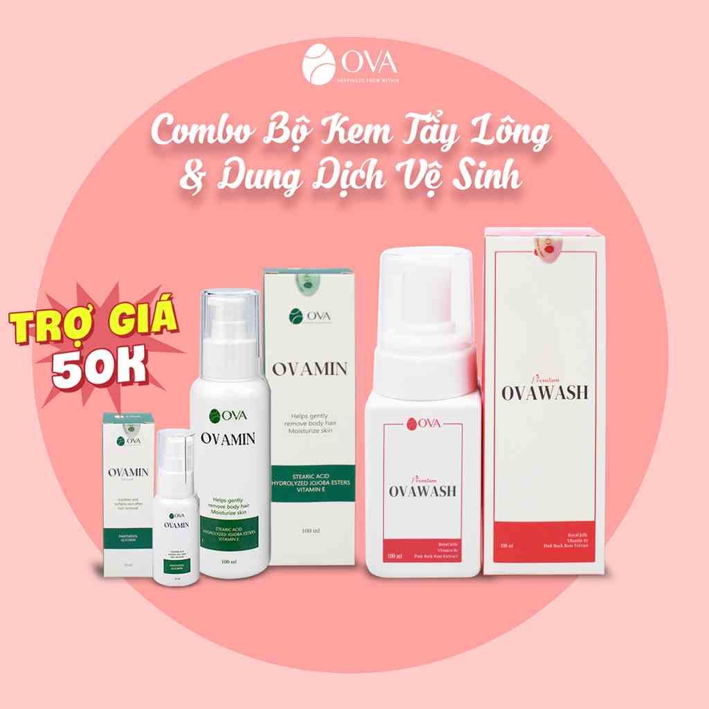 Combo Kem tẩy lông vùng kín OvaMin 100ml và Dung dịch vệ sinh phụ nữ tạo bọt Ovawash 60ml