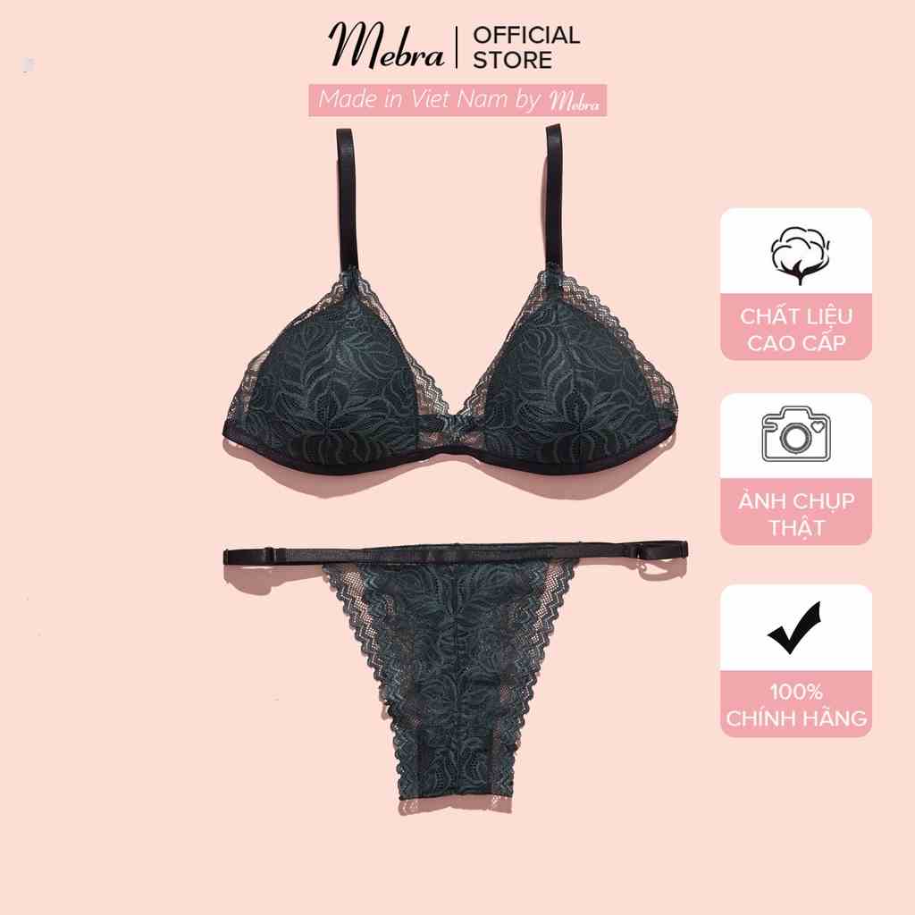 Bộ đồ lót bralette ren lá liễu màu xanh rêu thiết kế không gọng mút mỏng thương hiệu Mebra  A078