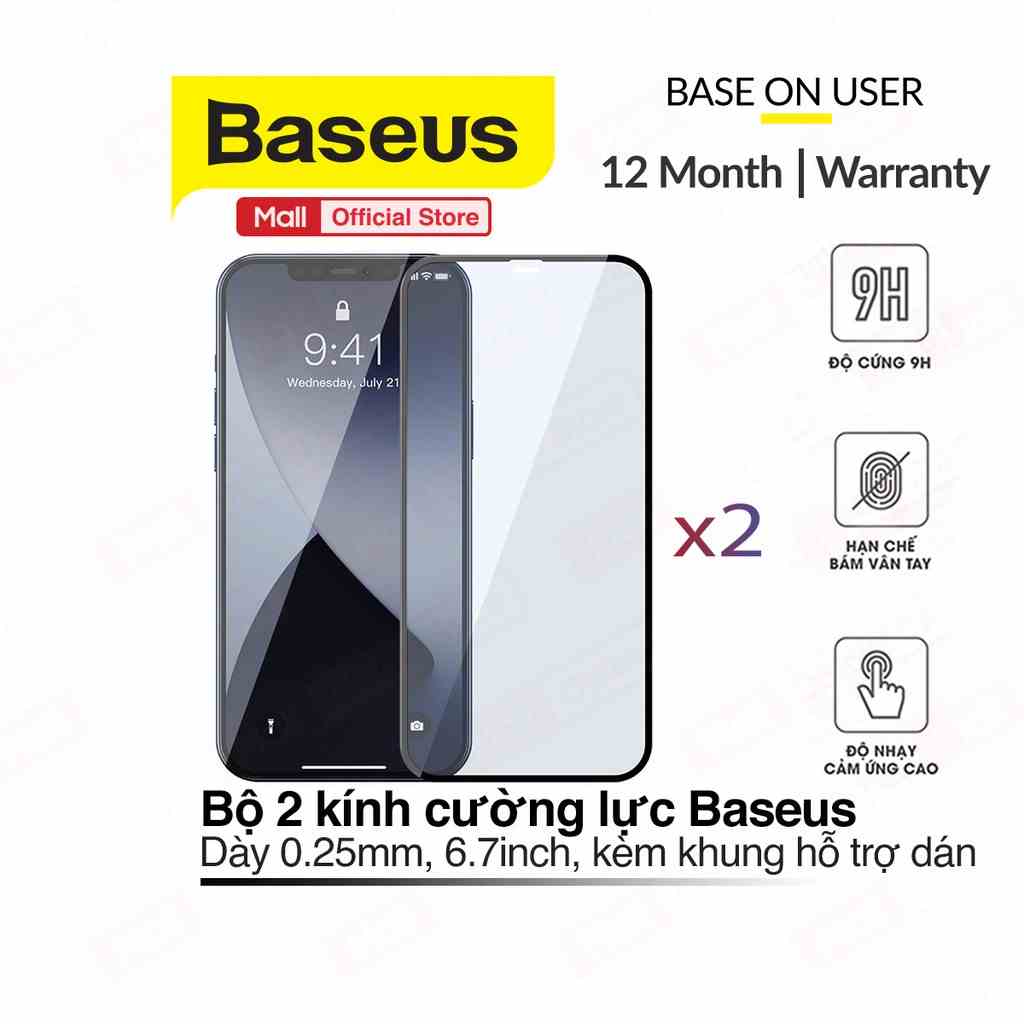 Bộ 2 cường lực Baseus 6.7inch cho iPhone 12 pro max dày 0.25mm, độ cứng 9H, hạn chế bám vân tay, kèm khung căn chỉnh