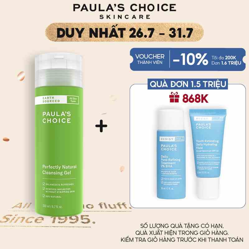 [Mã COSPAU1A giảm 8% đơn 400K] Sữa rửa mặt nhẹ nhàng tự nhiên Paulas Choice Perfectly Natural Cleansing Gel 200ml 8500