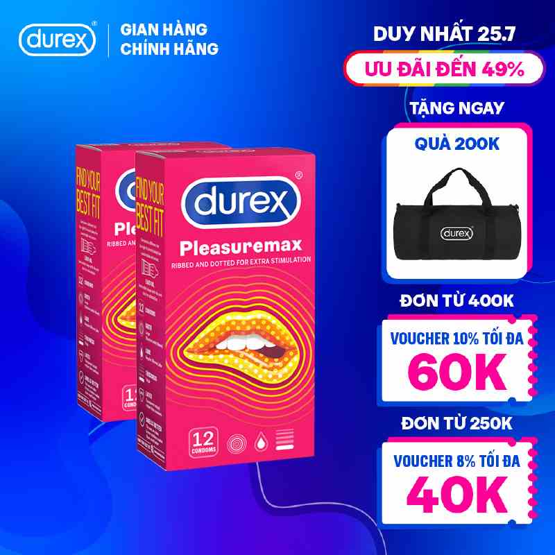 Bộ 2 hộp bao cao su Durex Pleasuremax gân gai tăng khoái cảm (size 56mm, 12 bao/hộp)