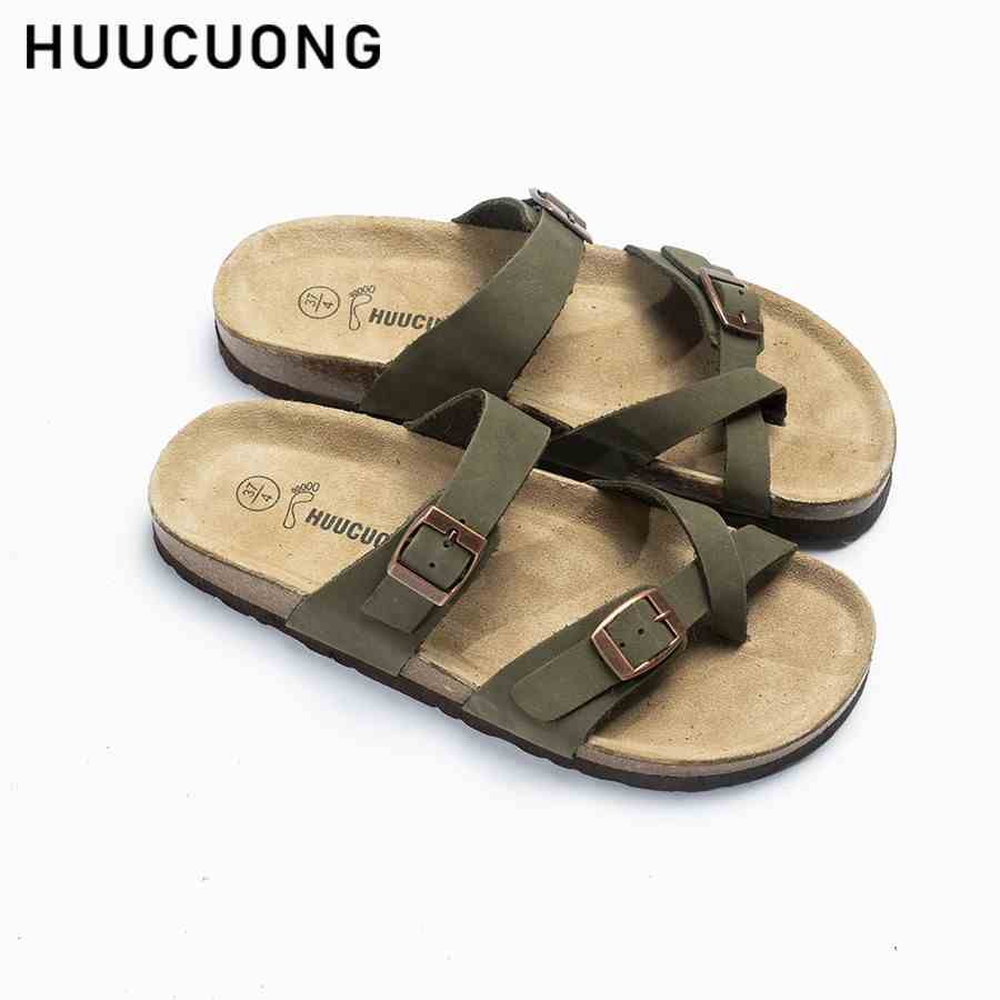 Dép unisex Huucuong xỏ ngón da bò rêu