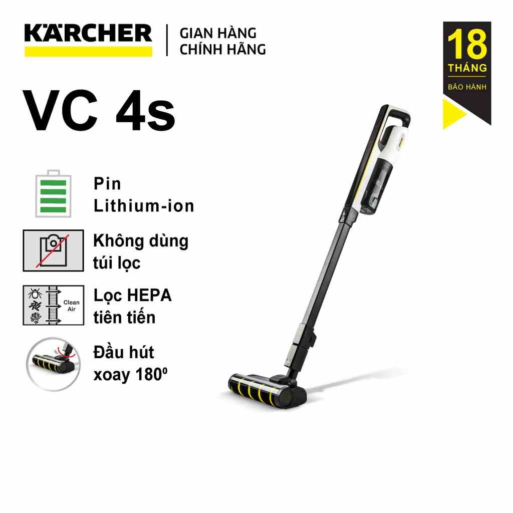 Máy hút bụi cầm tay dùng pin Lithium-ion Karcher VC 4s với đầu hút xoáy 180 độ- công suất hút 15000 Pa - màu trắng