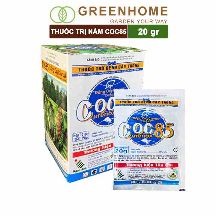 Chế phẩm trị nấm Greenhome, coc85 wp, gói 20g ,trừ thán thư, cháy lá, vàng lá, đốm lá cho hoa hồng, kiểng lá