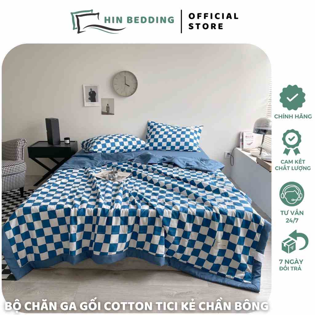 Bộ Chăn Ga Gối Cotton Tici Kẻ Chăn Chần Hè HIN BEDDING, Chăn Ga Hàn Quốc Vintage Chăn Chần Bông Cao Cấp Các Mẫu Mới