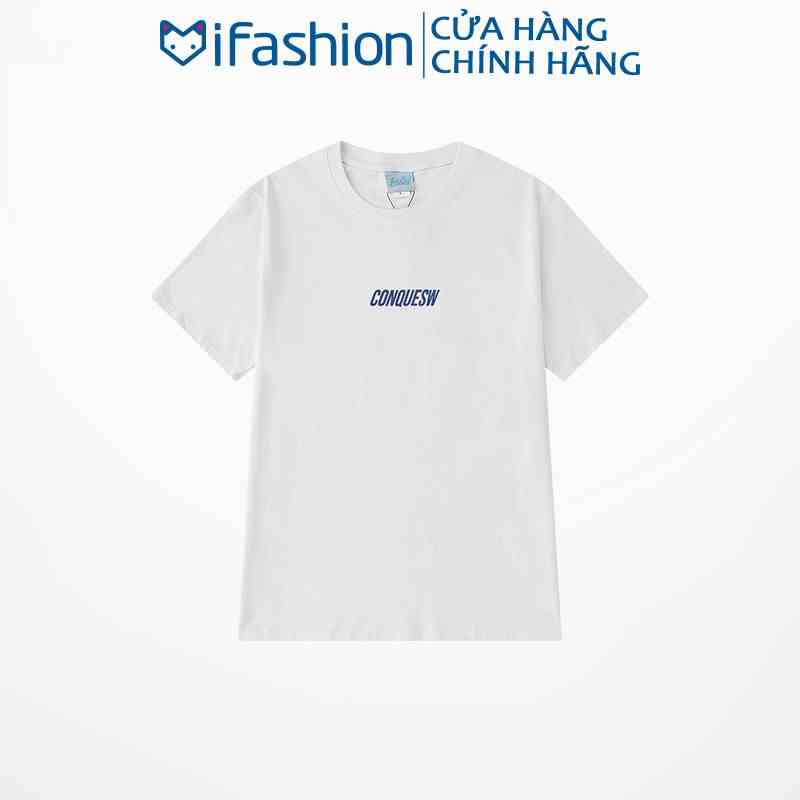 Áo thun basic IFASHION phông đơn giản nam nữ form rộng chất cotton mát in chữ CONQUESW N075