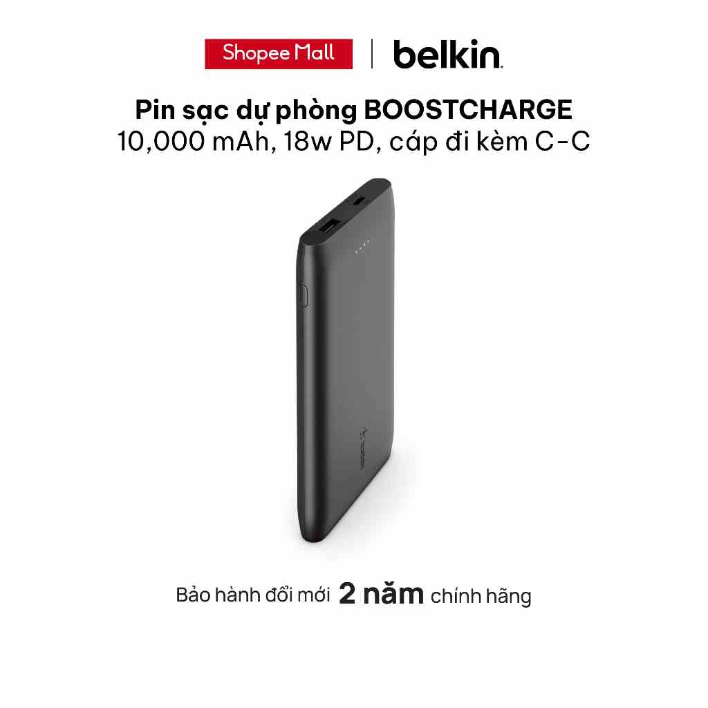 Pin sạc dự phòng Polymer Pocket Power 10,000 mAh, Sạc nhanh 18w PD, cáp đi kèm C-C Belkin, hàng chính hãng - BPB001bt