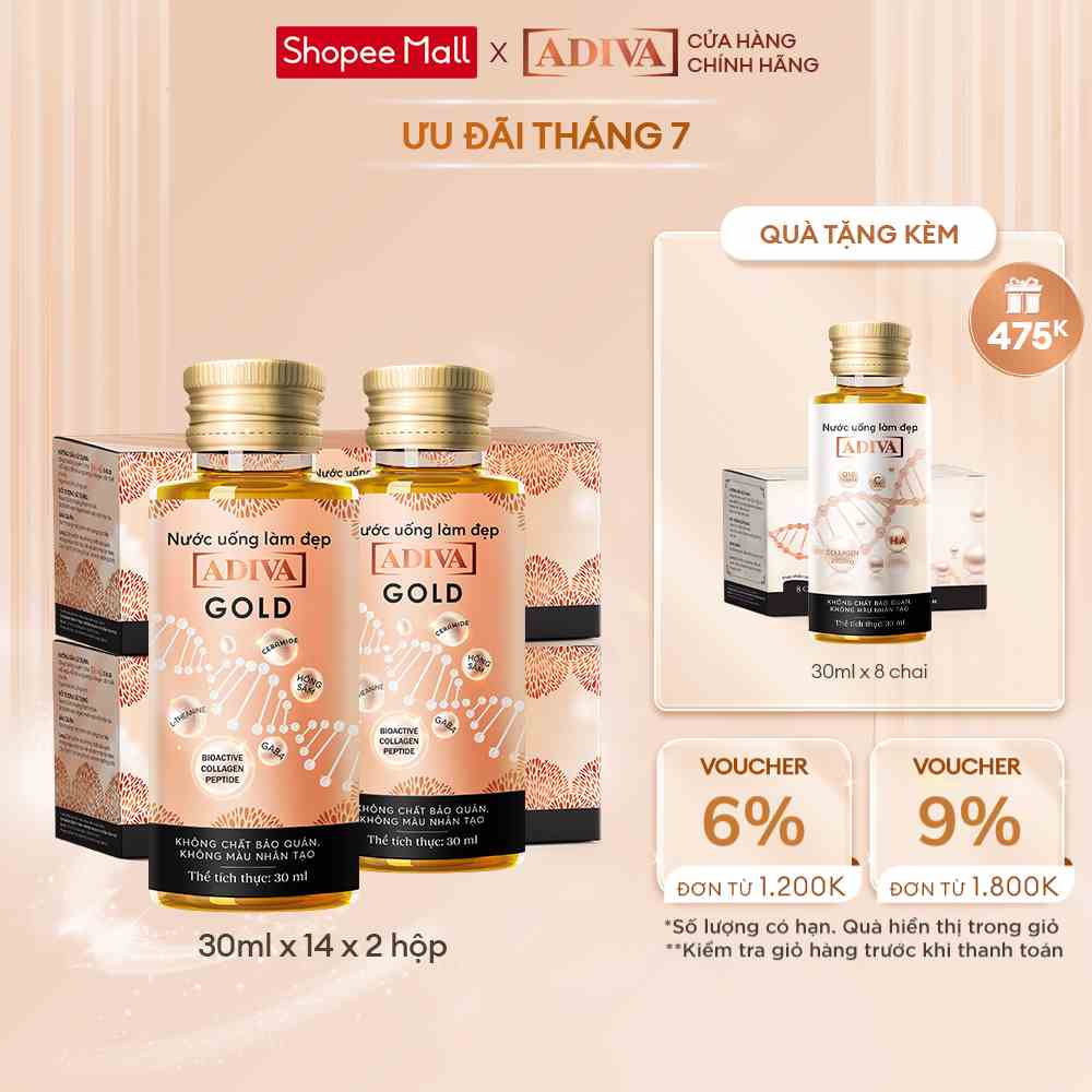 Combo 2 Hộp Nước Uống Làm Đẹp Collagen ADIVA Gold (14 Chai/Hộp)