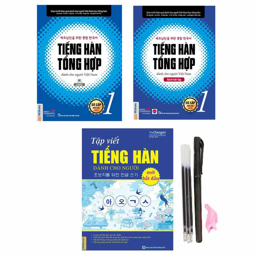 Sách - Combo Tiếng Hàn Tổng Hợp Dành Cho Người Việt Nam - Sơ cấp 1 Và Tập Viết Tiếng Hàn Tặng Bút Bay Màu