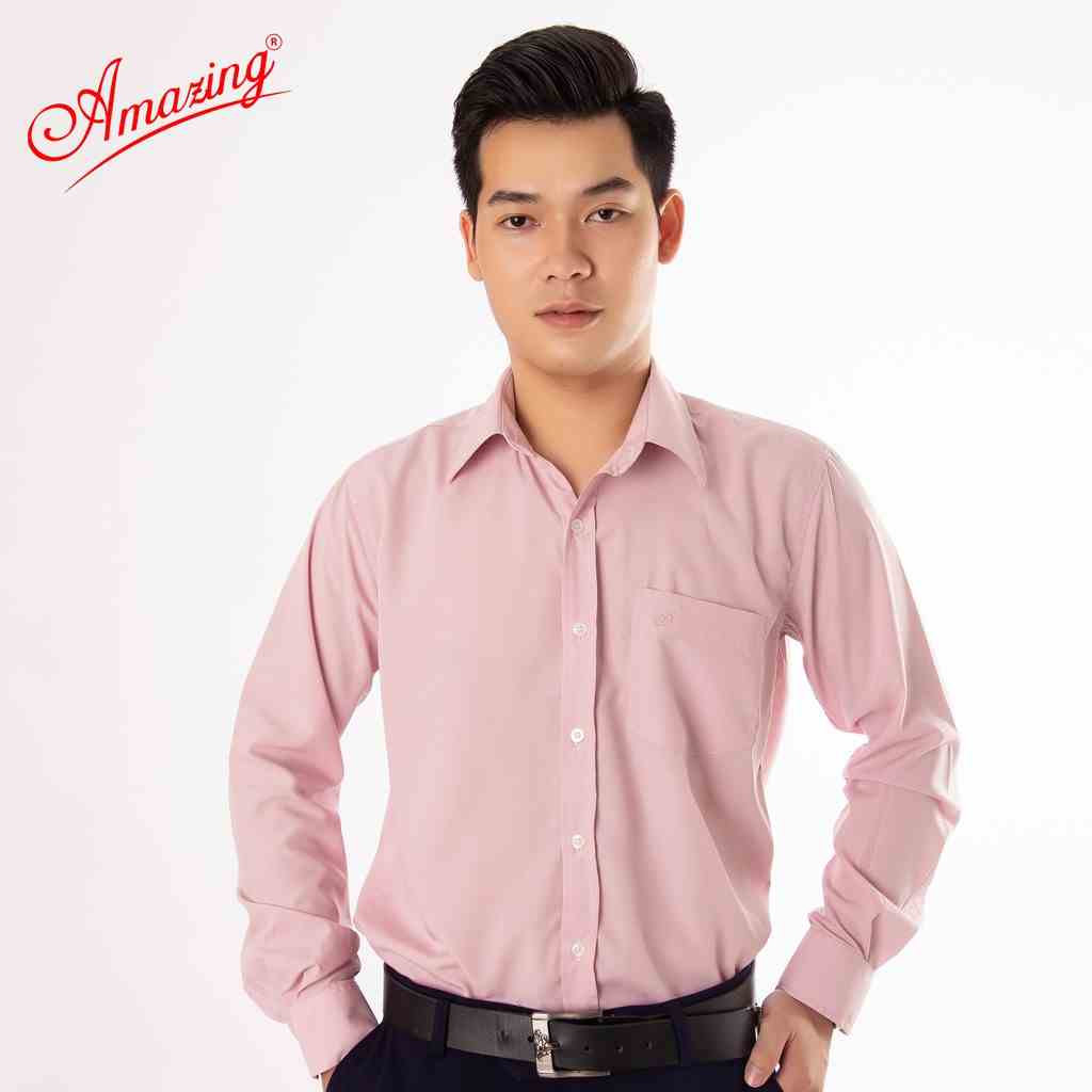 Áo sơ mi nam tay dài màu hồng vôi, form rộng regular, vải KT silk mềm mát, thời trang công sở Amazing