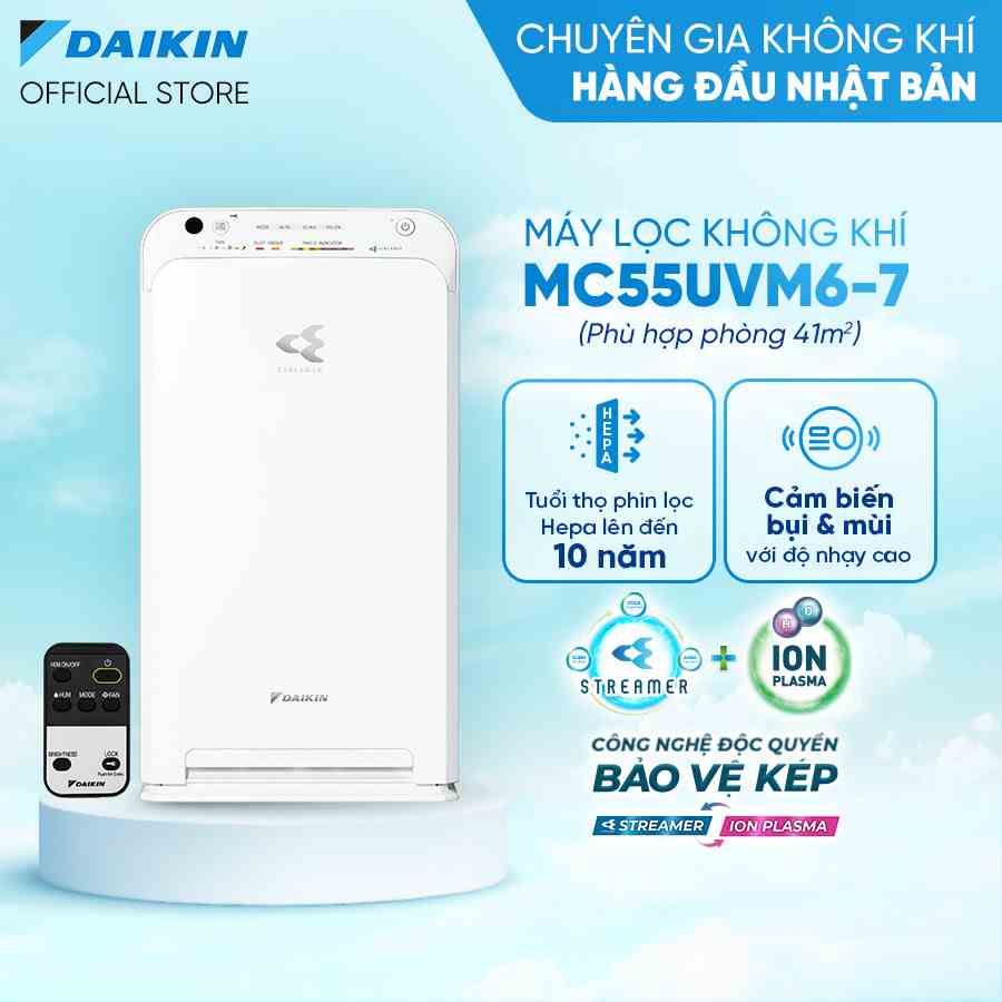 [Trả góp 0%]-[Bảo hành tận nhà]-Máy Lọc không khí Daikin MC55UVM6-7 - Phù hợp phòng 41m2 Công nghê Streamer