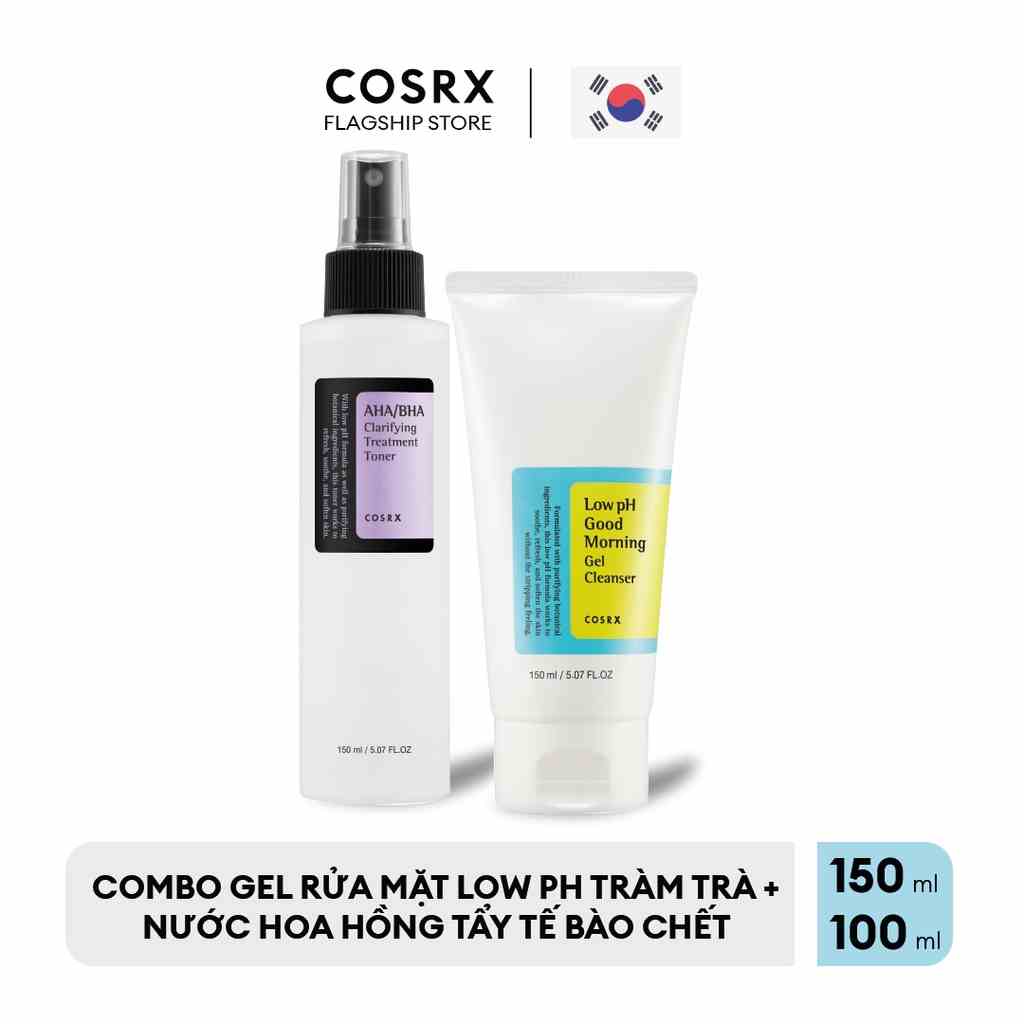 Combo Gel Rửa Mặt Low pH Tràm Trà + Nước Hoa Hồng Tẩy Tế Bào Chết Hoá Học COSRX AHA/BHA Toner 150ml