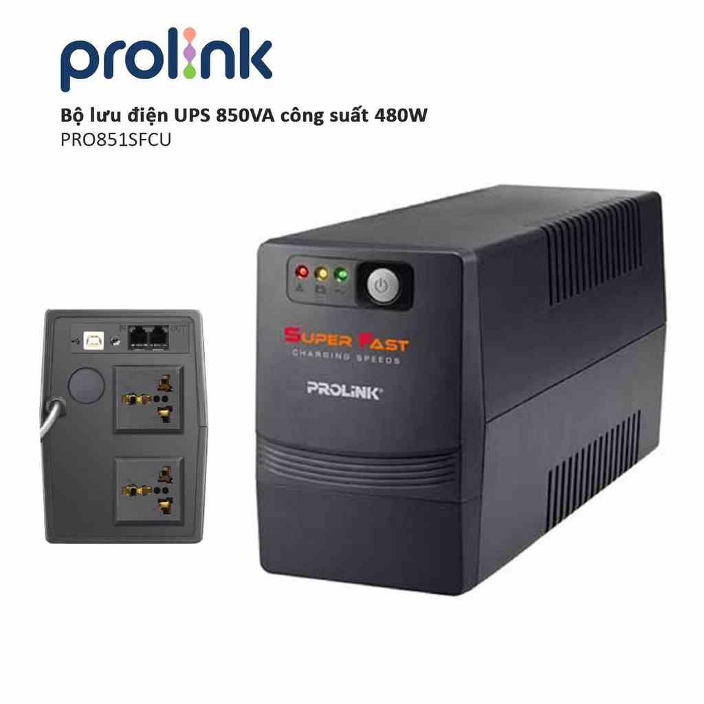 Bộ lưu điện UPS PROLiNK PRO851SFCU (850VA) công suất 480W, tích hợp bộ AVR, sạc siêu nhanh, dùng cho PC, Camera, Wifi