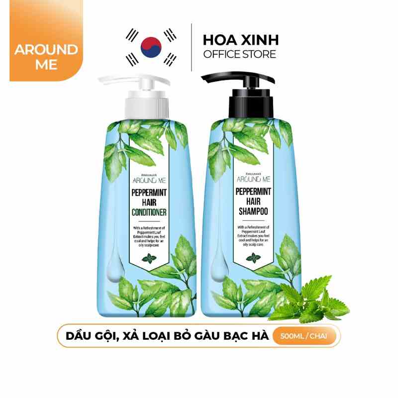 Combo Dầu Gội Và Dầu Xả Sạch Gàu Cho Tóc Dầu Around Me Peppermint Hair Shampoo Hương Bạc Hà 500ml/chai