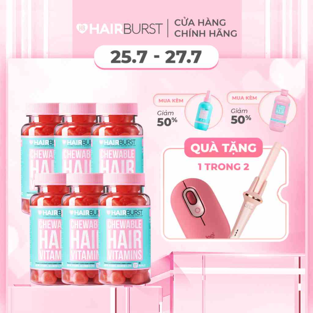 Combo 6 lọ kẹo dẻo vitamin chăm sóc, hỗ trợ mọc tóc HAIRBURST chewable hair vitamins