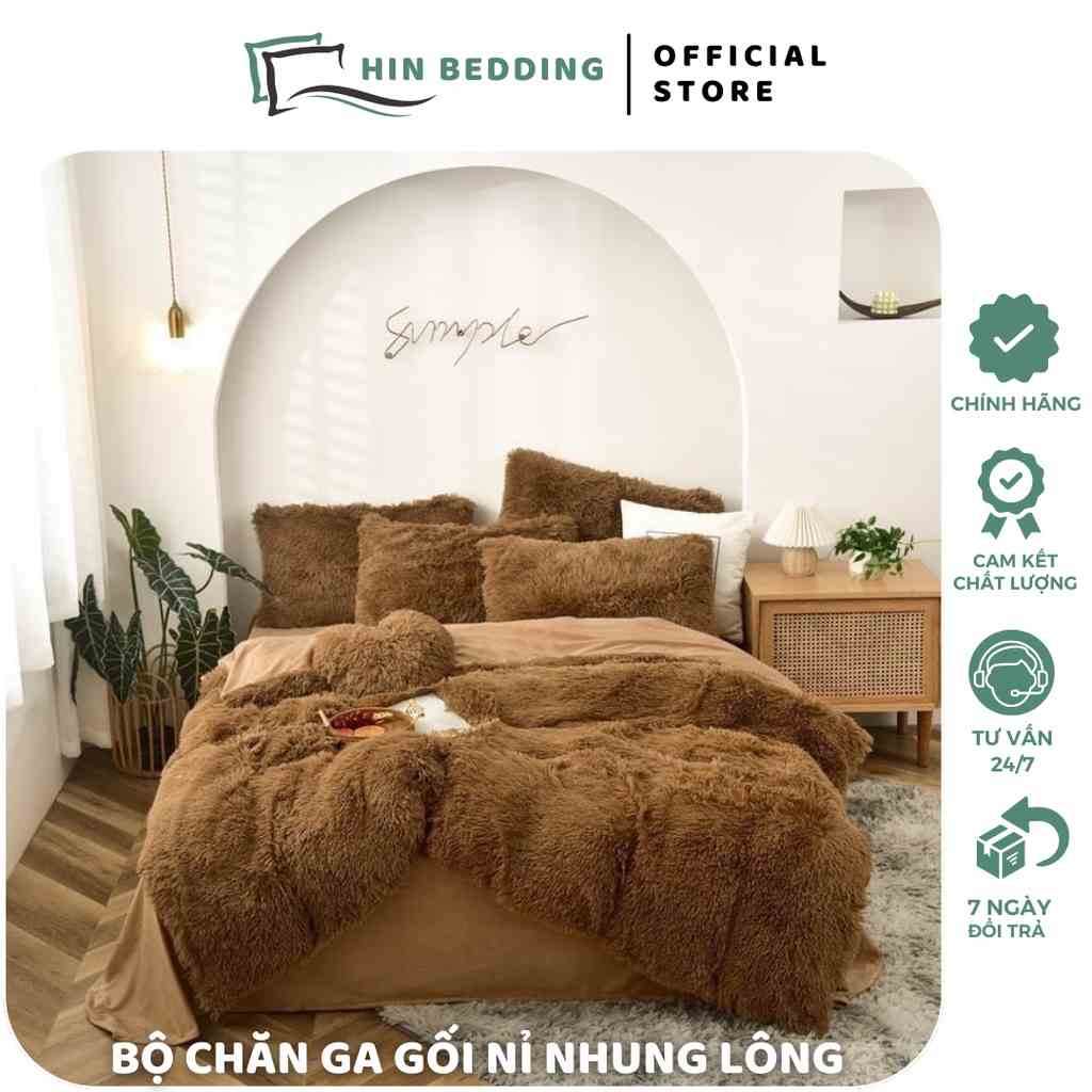 Bộ Chăn Ga Gối Nỉ Nhung Lông 5 Món HIN BEDDING Cao Cấp Tặng Kèm Túi Xách Và Gối Tim