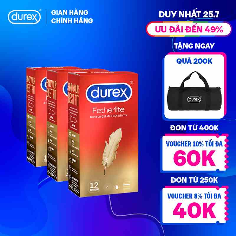 Bộ 3 hộp bao cao su Durex Fetherlite siêu mỏng, size 52.5mm, 12 bao/hộp