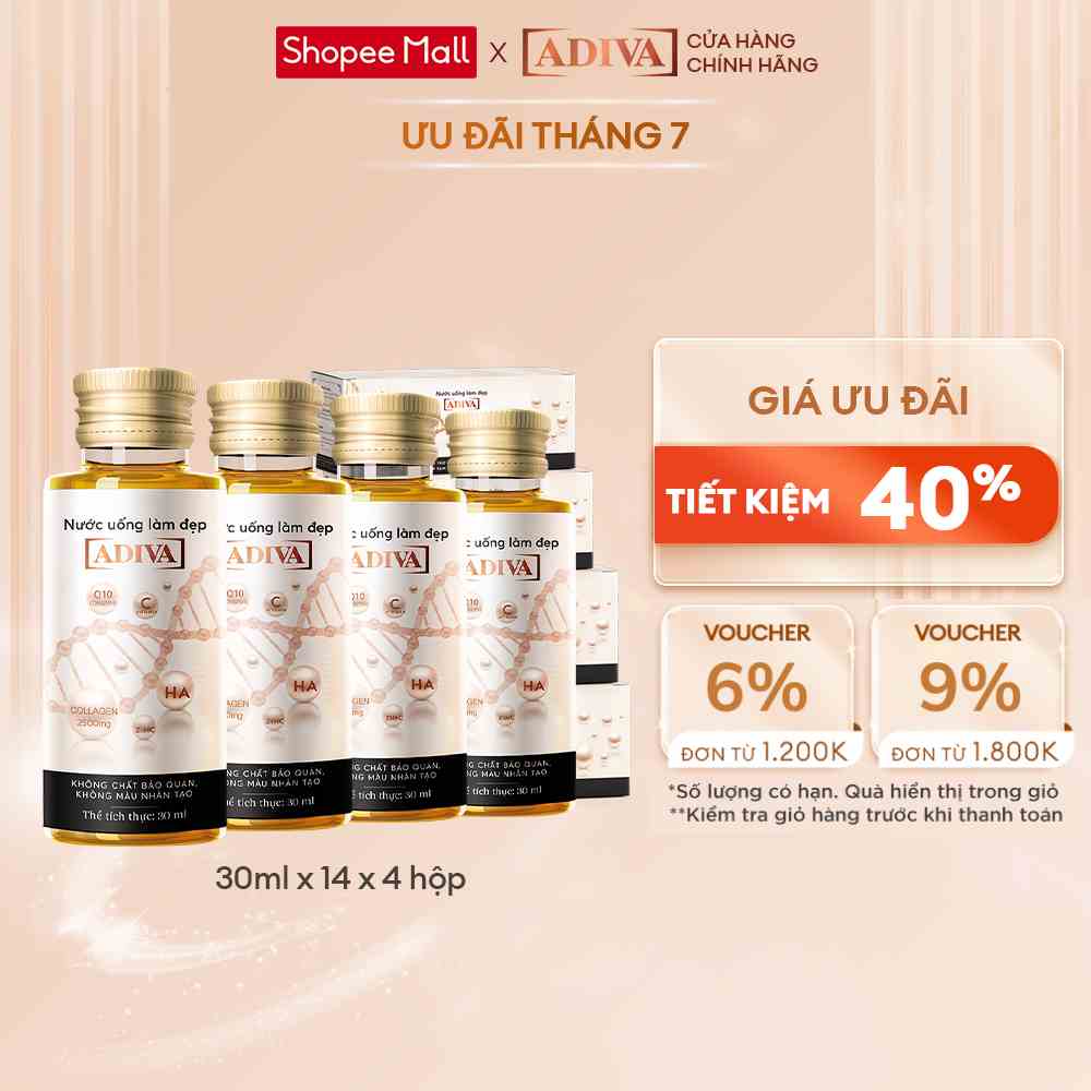 Combo 4 Hộp Nước Uống Làm Đẹp Collagen ADIVA (14 Chai/Hộp)