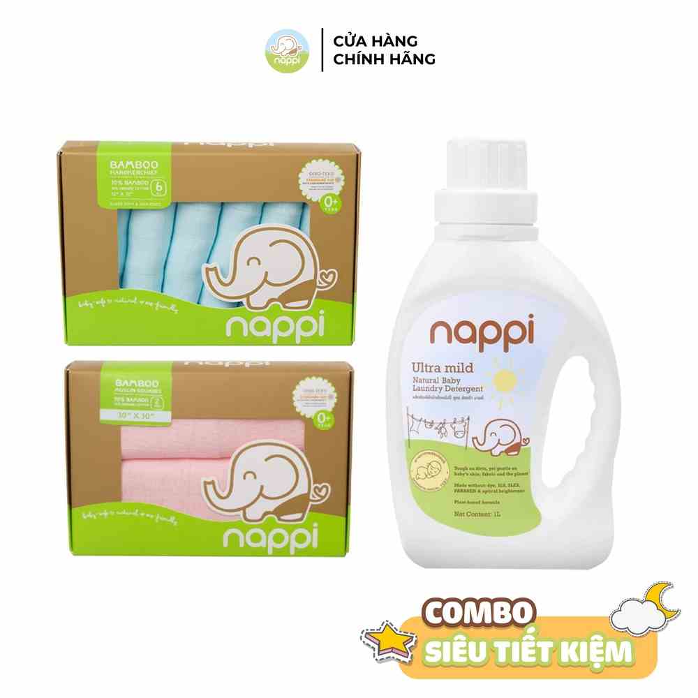 Combo 1 hộp khăn sữa Nappi + 1 khăn đa năng Nappi (77cmx77cm) + 1 chai nước giặt Nappi 1L