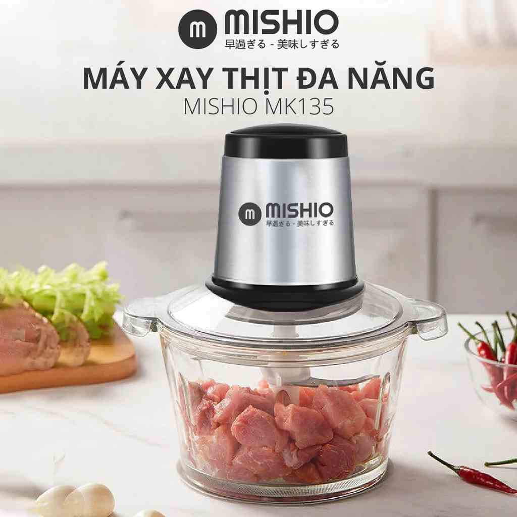 Máy xay thịt cối thủy tinh 1.8L Mishio MK135 300W motor đồng nguyên chất