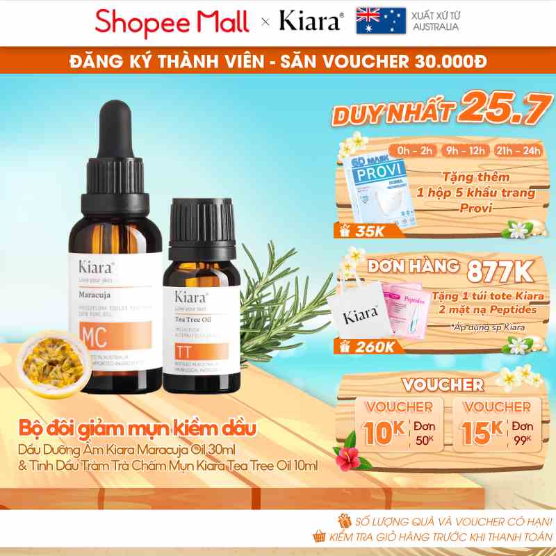 Bộ đôi kiềm dầu giảm mụn Dầu Dưỡng Ẩm Kiara Maracuja Oil 30ml & Tinh Dầu Tràm Trà Chấm Mụn Kiara Tea Tree Oil 10ml